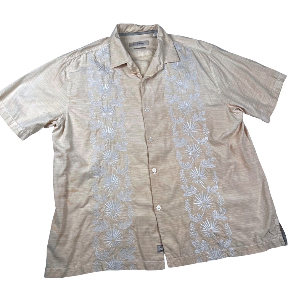 Tommy Bahama Mens XXL Silk Cotton Embroidered Camp Shirt Tan Original Fit XXLTTG